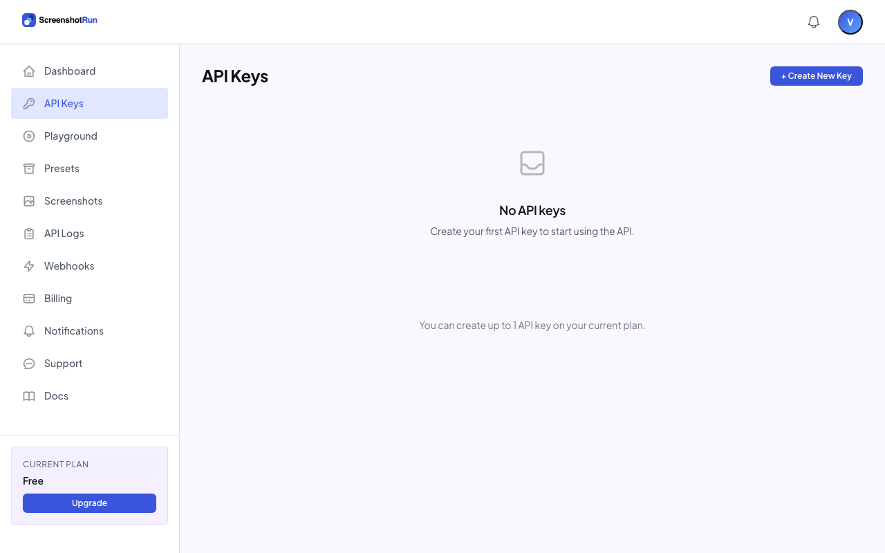 API Keys page with Create New Key button