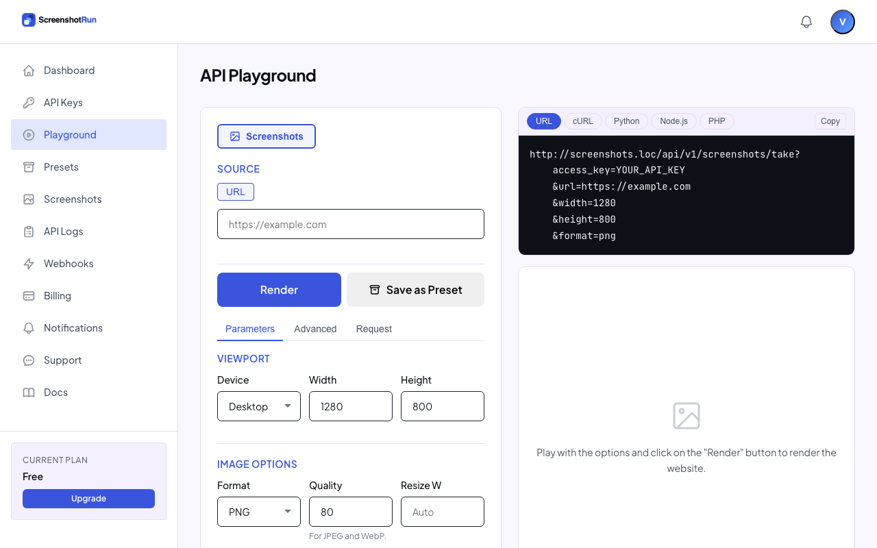 API Playground with URL input, parameters, and code preview