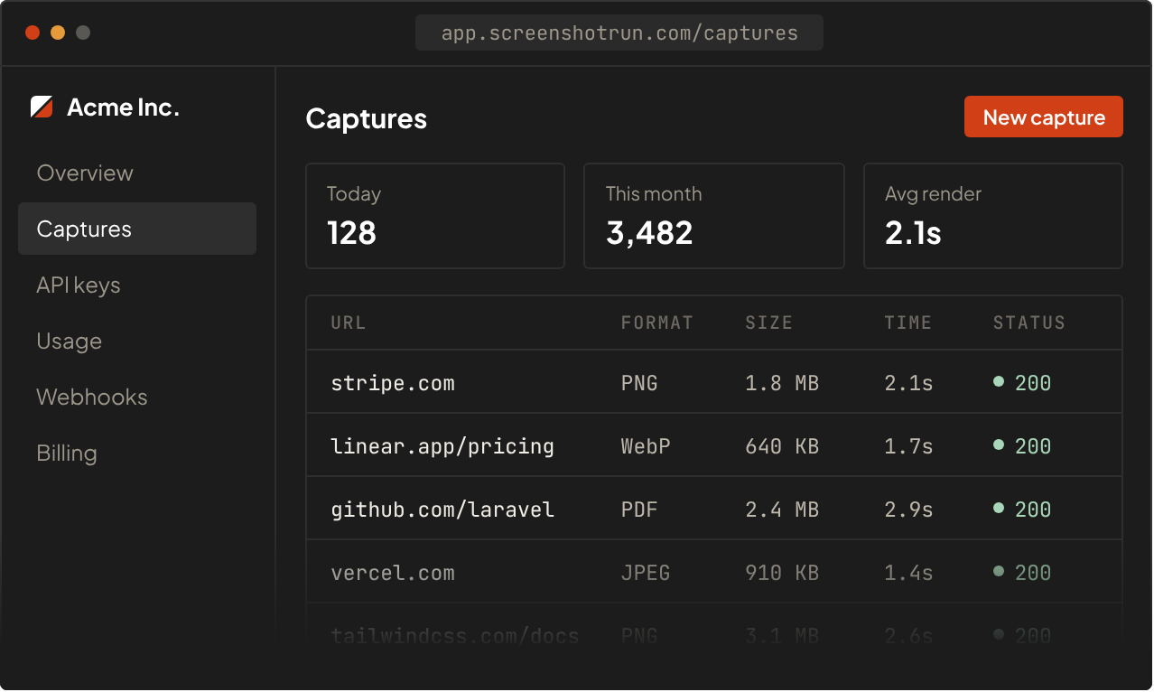 The ScreenshotRun dashboard: captures table with URL, format, size, render time and status