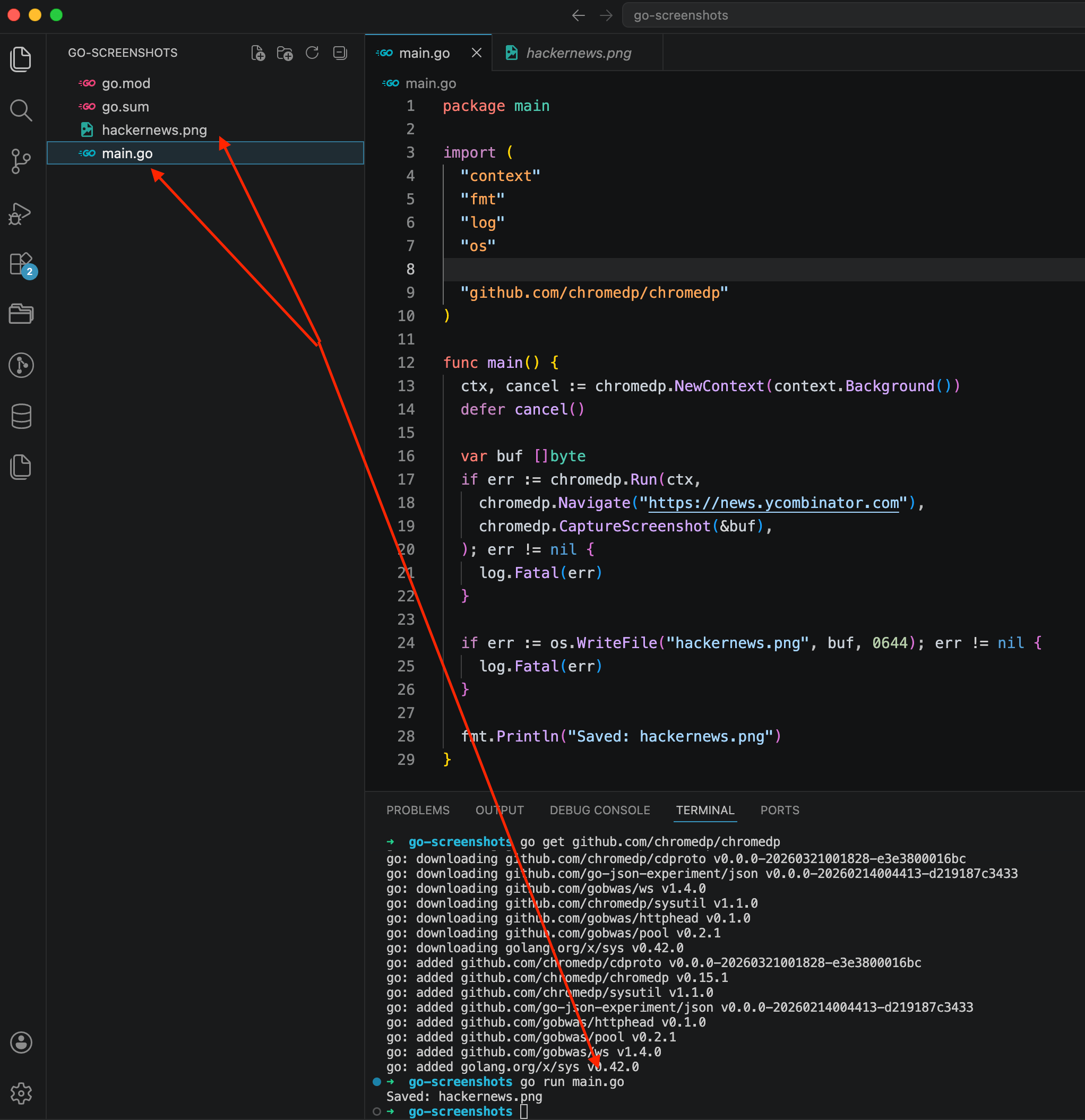 VS Code with main.go code and terminal showing go get + go run output with "Saved: hackernews.png
