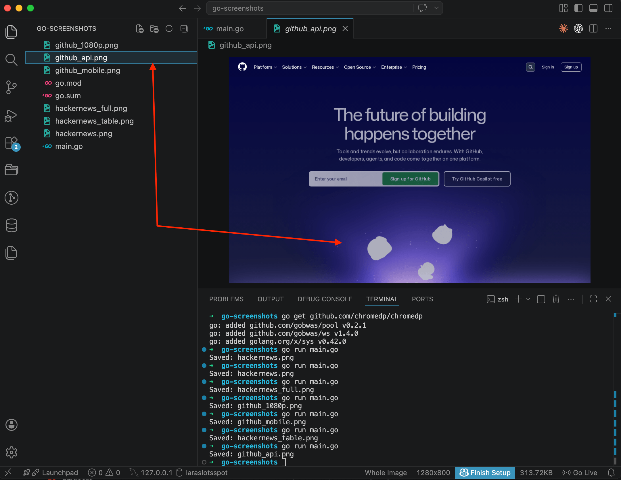 GitHub screenshot captured via API, shown in VS Code with all previous files in sidebar