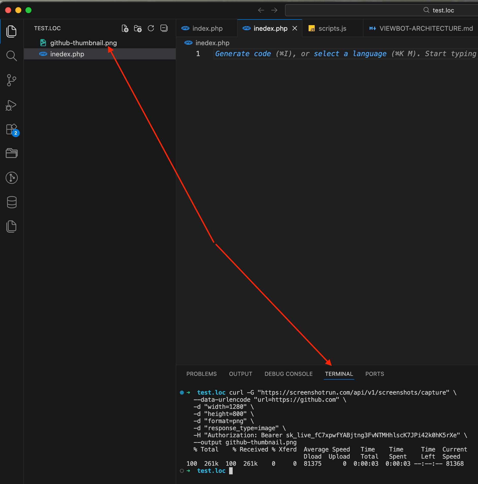 Terminal showing the executed cURL command and the resulting github-thumbnail.png file with a screenshot of GitHub's homepage