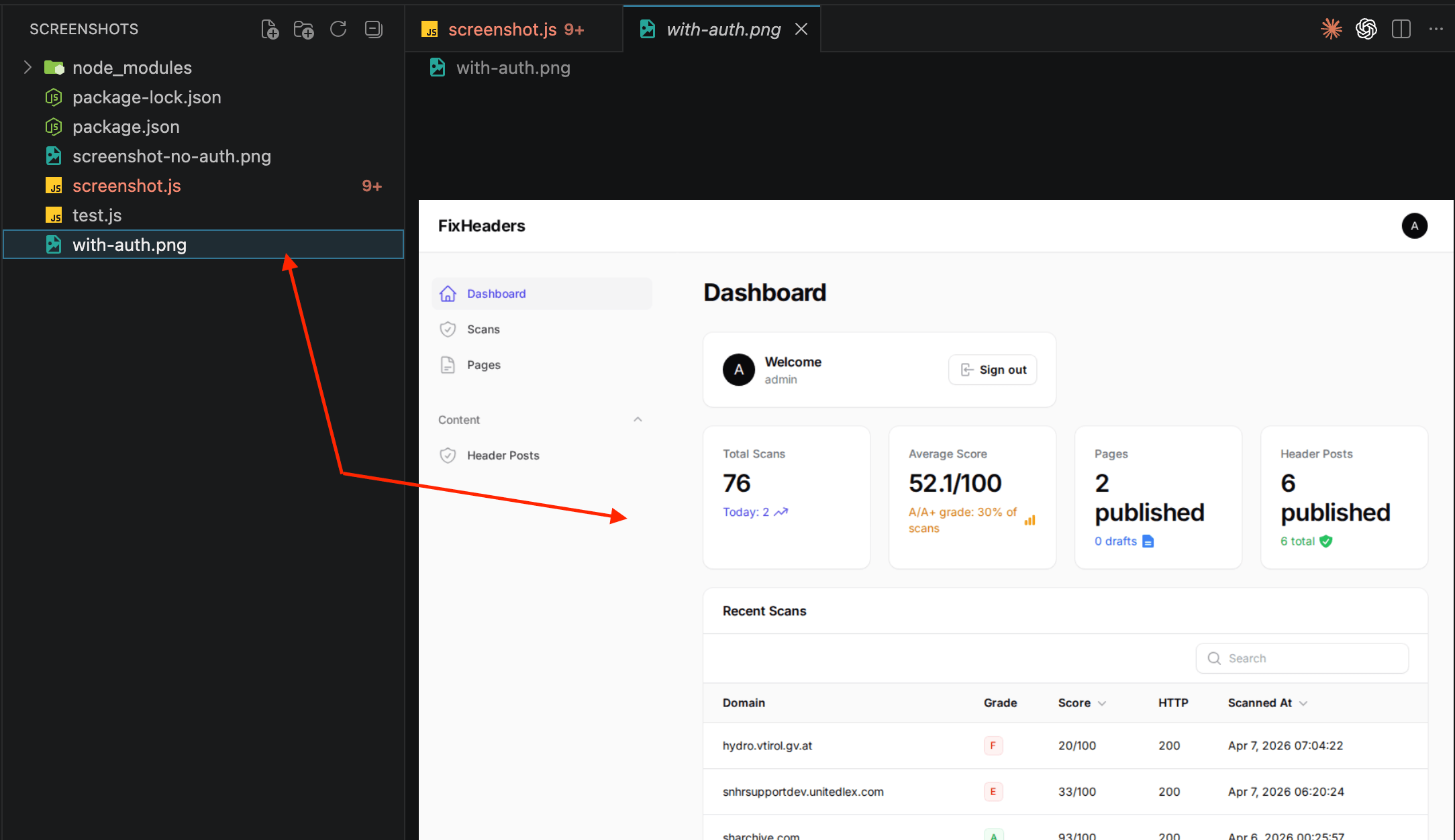 FixHeaders dashboard with stats