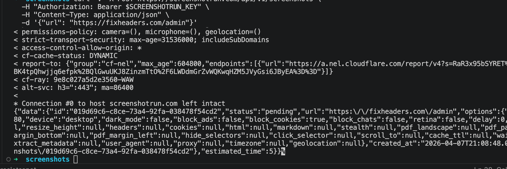 API response with id and status: pending