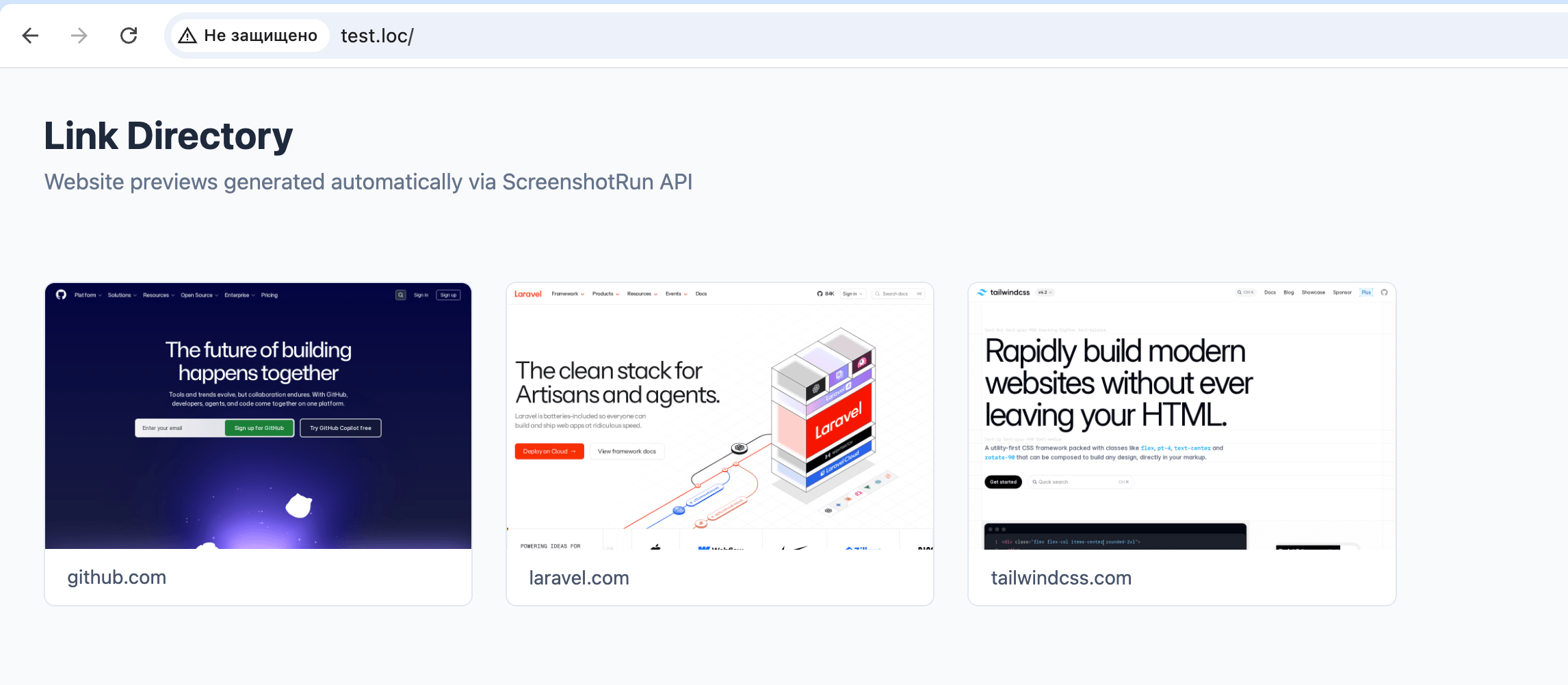 Browser showing the Link Directory page with three cards displaying screenshots of github.com, laravel.com, and tailwindcss.com in a responsive grid