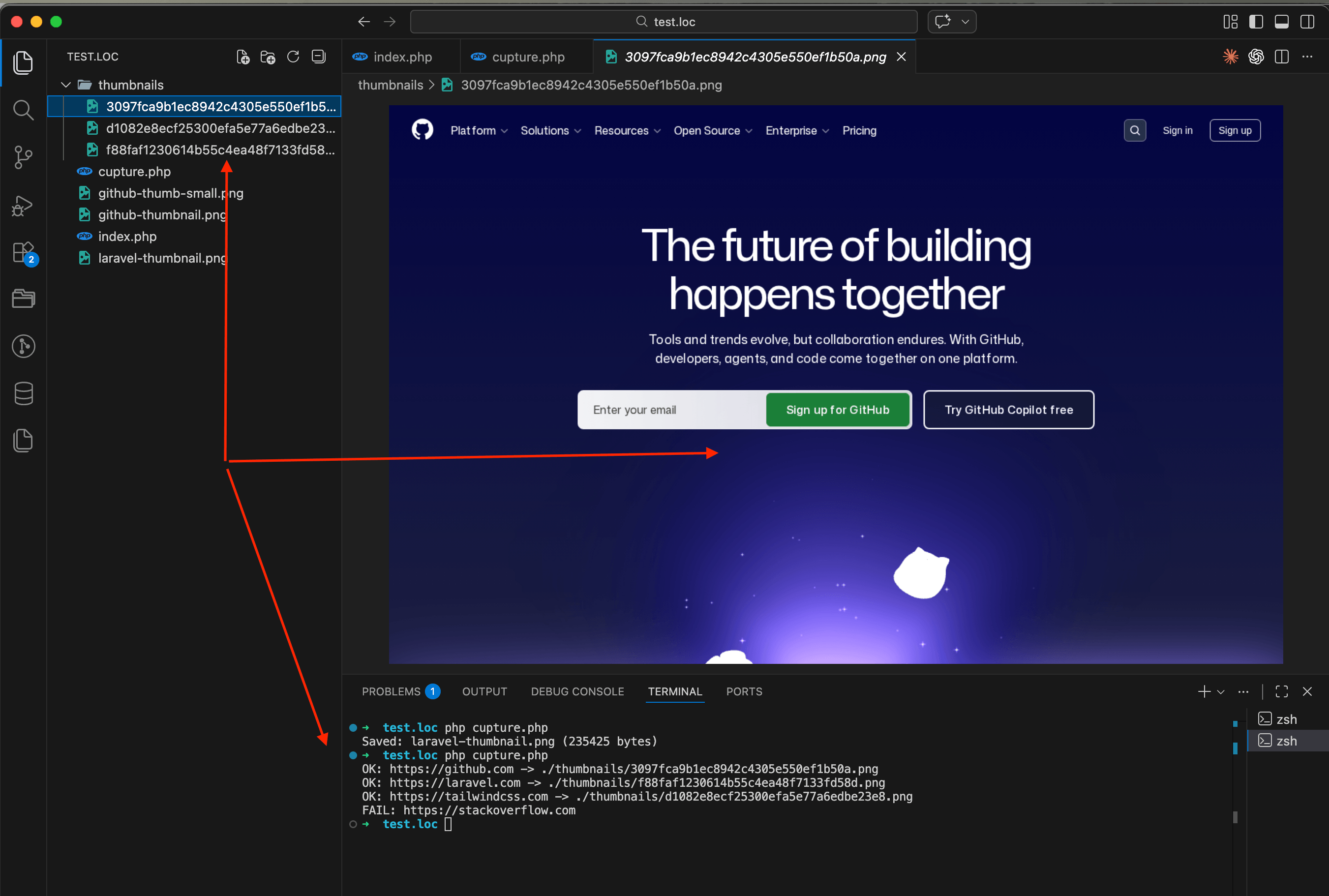 The thumbnails folder with hash-named files, terminal showing OK for github.com, laravel.com, tailwindcss.com and FAIL for stackoverflow.com, with a cached GitHub screenshot open on the right