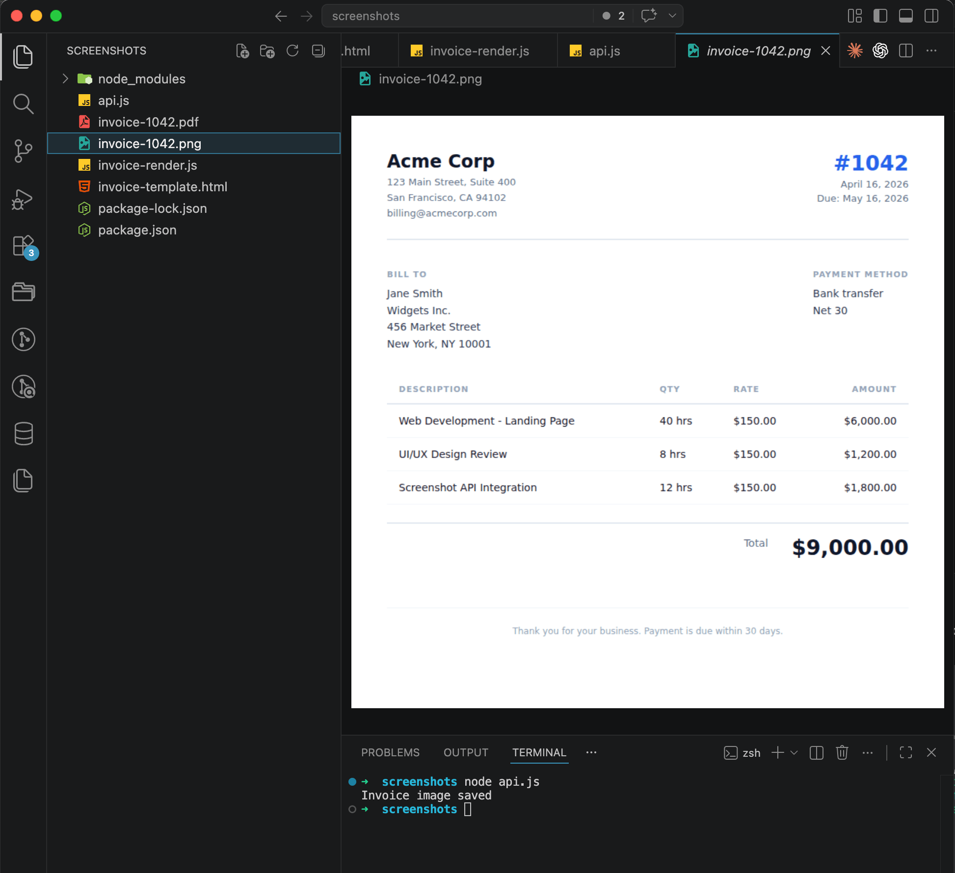 The invoice rendered through the ScreenshotRun API as PNG &mdash; VS Code with the result and terminal output
