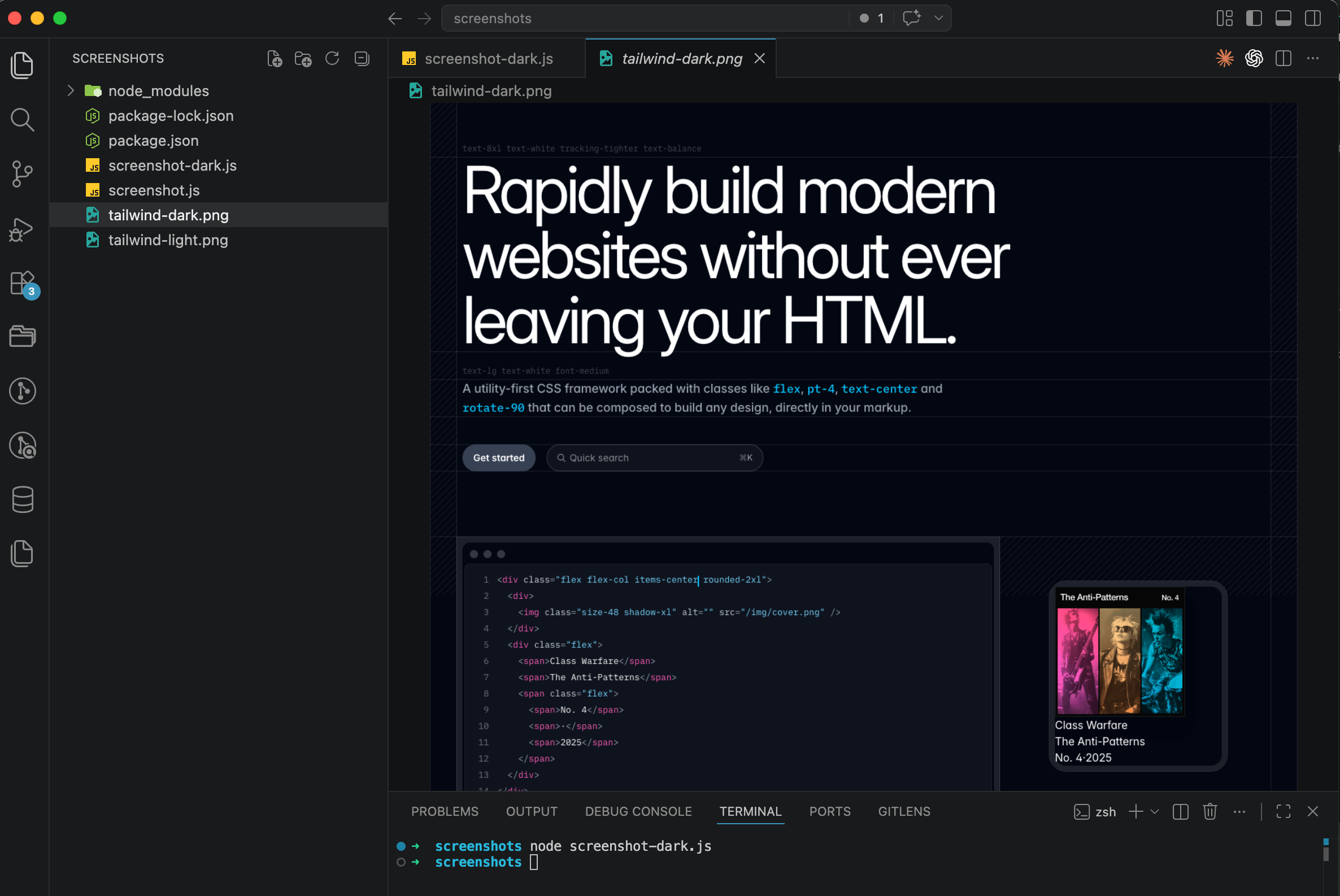 Tailwind CSS screenshot in dark mode, dark background, light text, same page captured with colorScheme set to dark