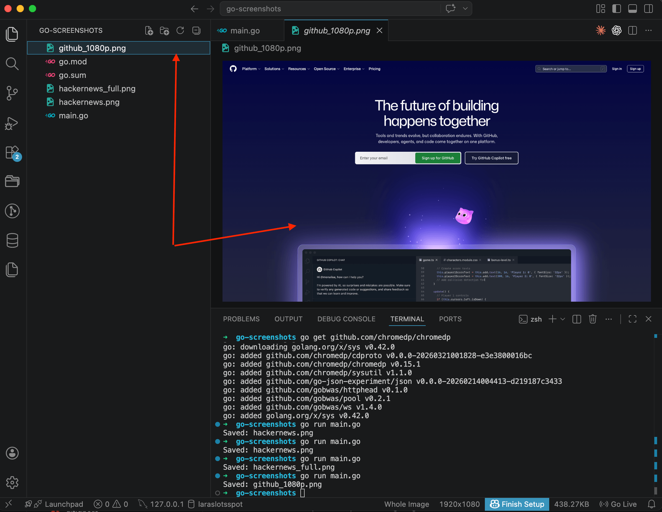 GitHub homepage at 1920x1080 with full navigation bar, Copilot section, and search bar