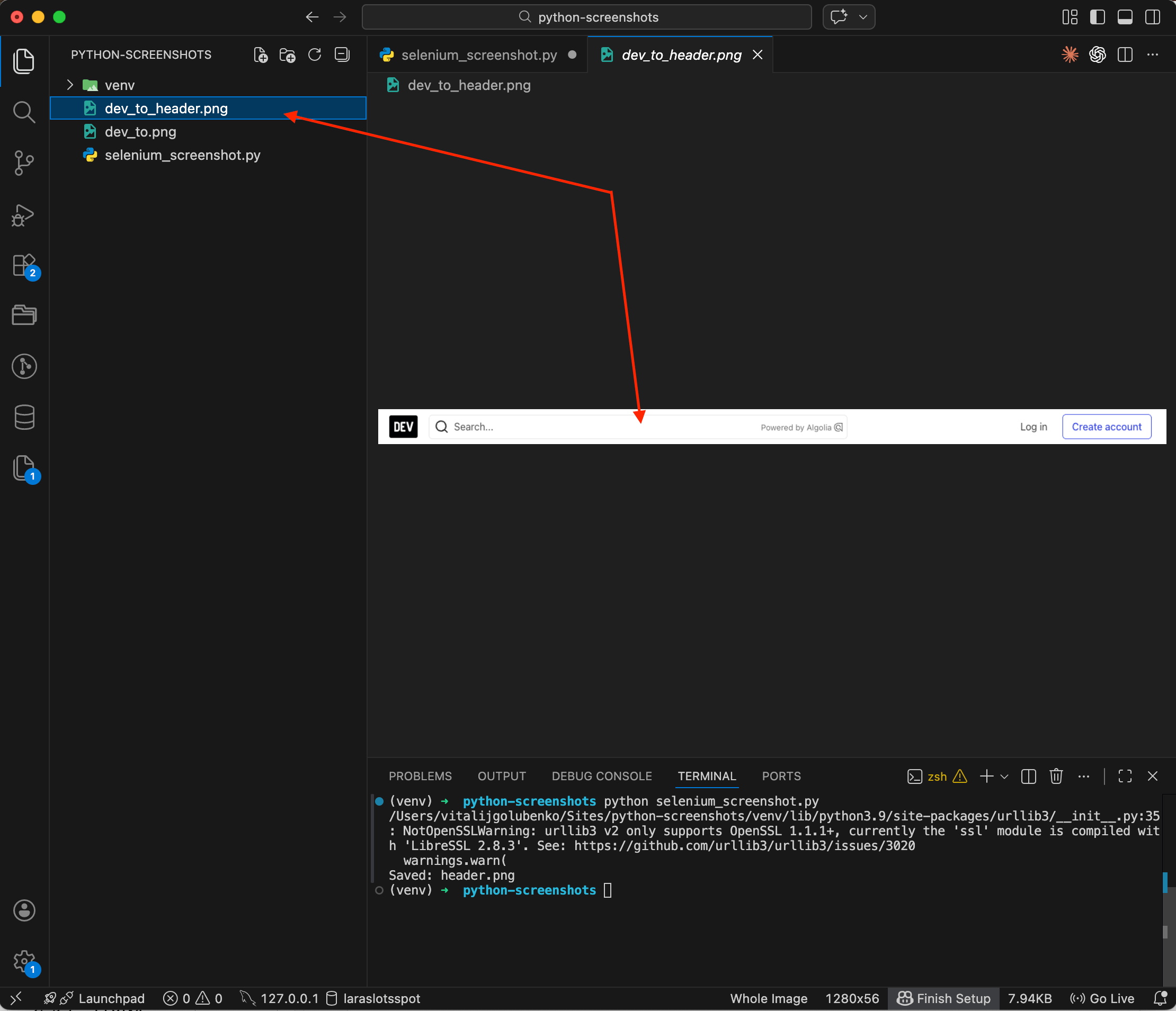 Selenium element screenshot — only the header of dev.to captured