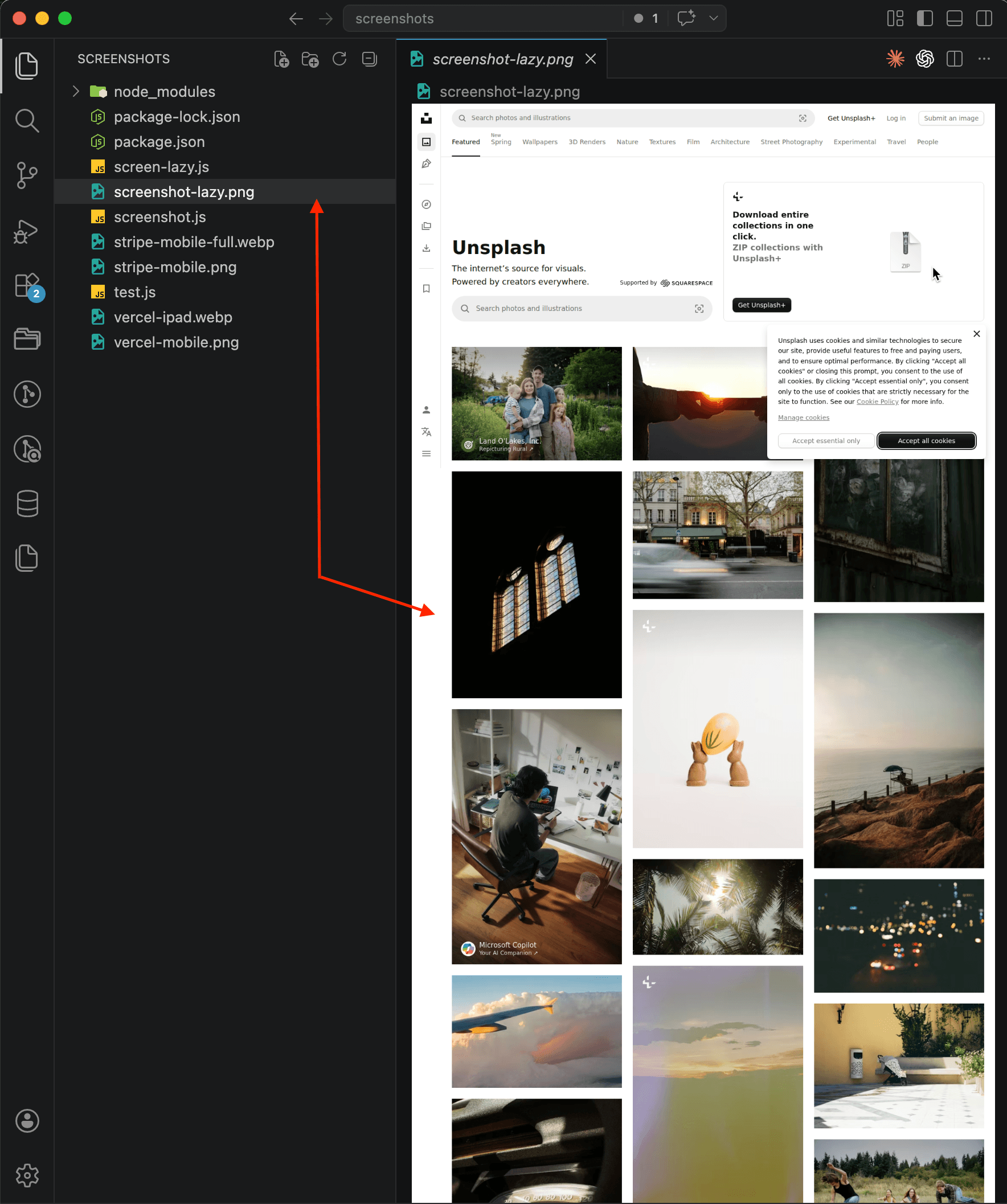 Full-page screenshot of Unsplash with all lazy-loaded images rendered through screenshotrun API