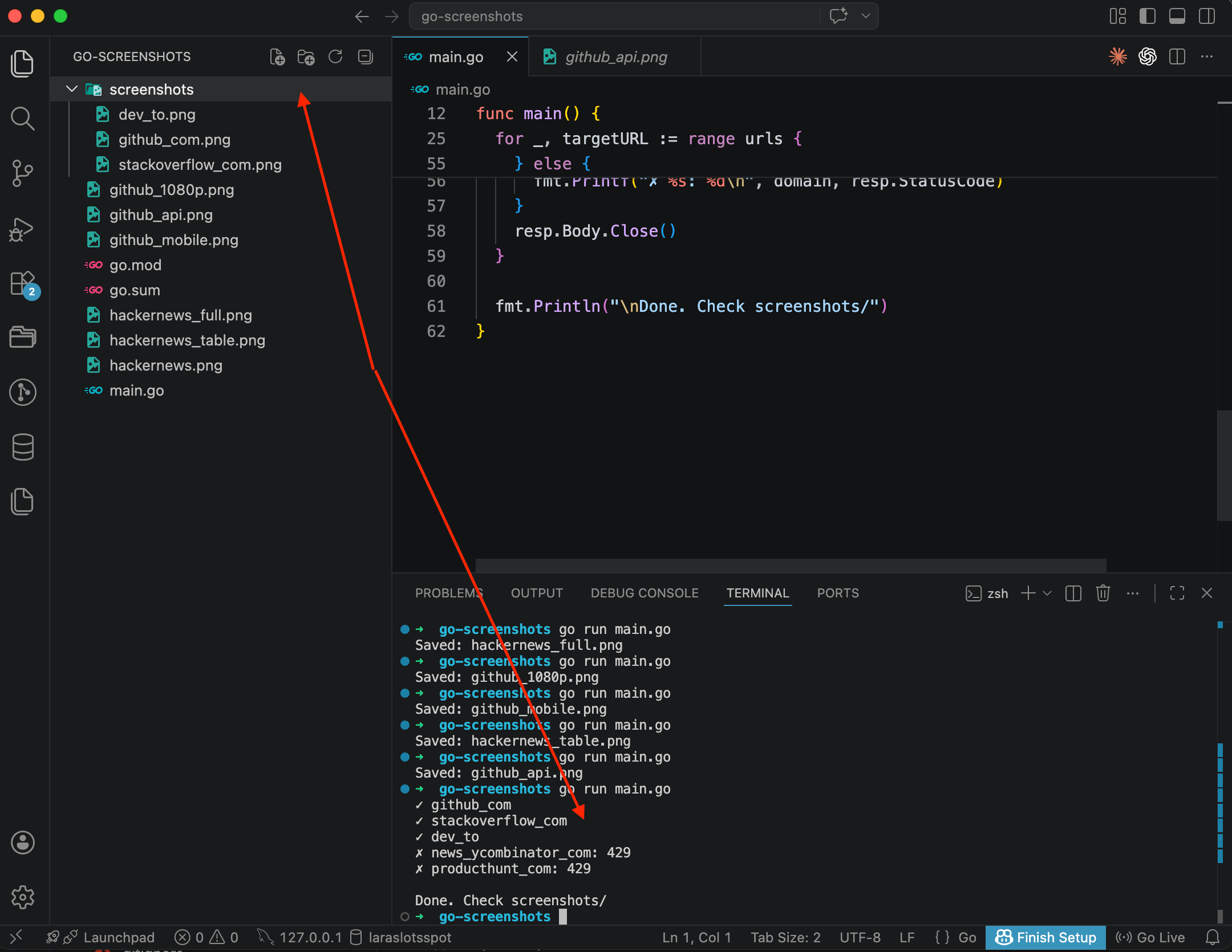 VS Code showing screenshots/ folder with 3 PNG files, terminal showing 3 successes and 2 rate limit errors (429)