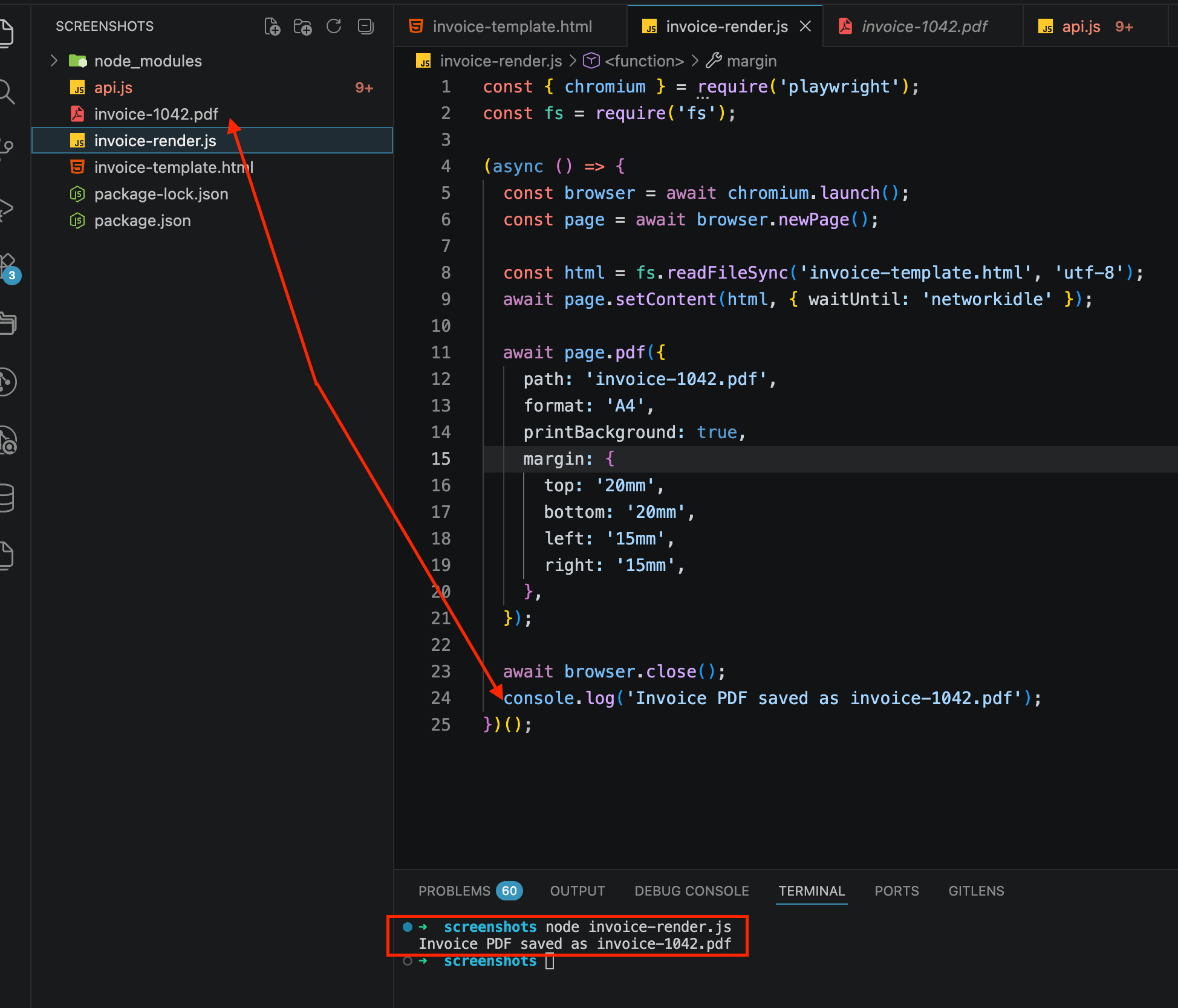 The invoice-render.js script in VS Code with the terminal output showing the generated PDF