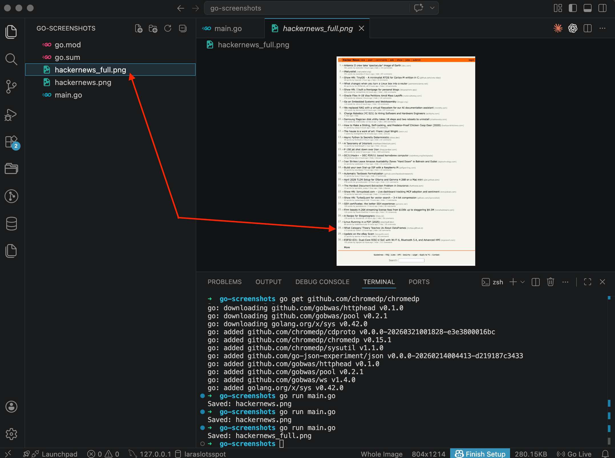 Full-page screenshot of Hacker News in VS Code preview, showing all 30 posts from header to footer