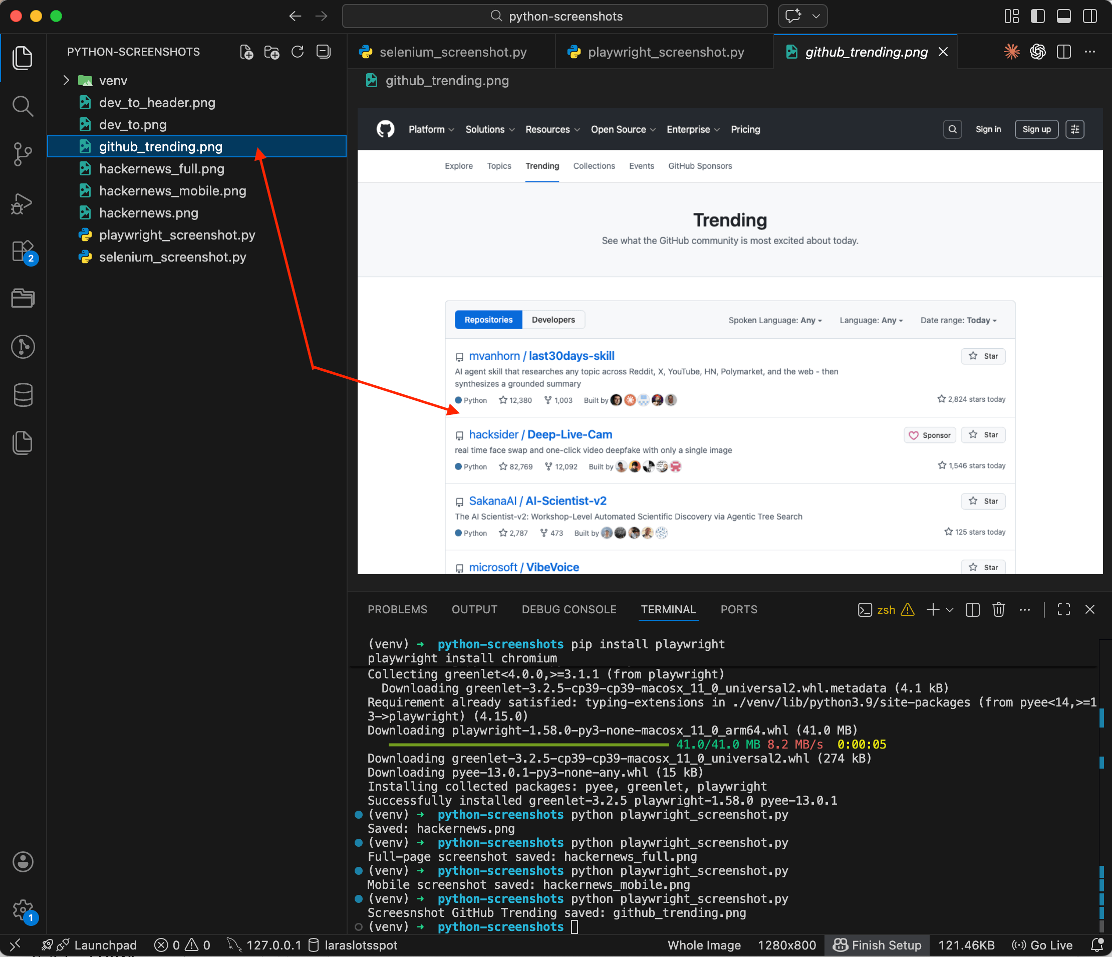 Playwright screenshot of GitHub Trending page with wait_for_selector — repositories fully loaded