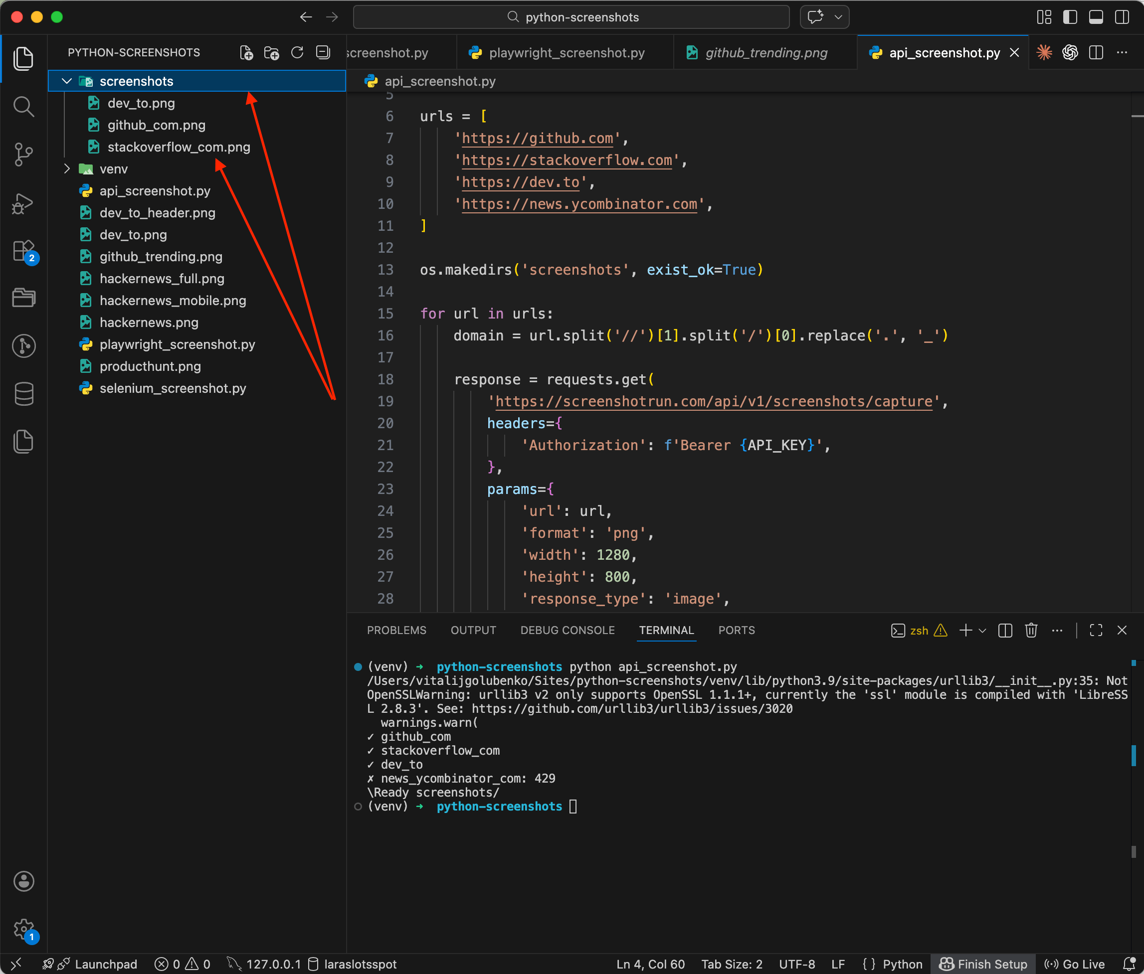 Batch screenshot results — screenshots folder with multiple PNG files, terminal showing progress