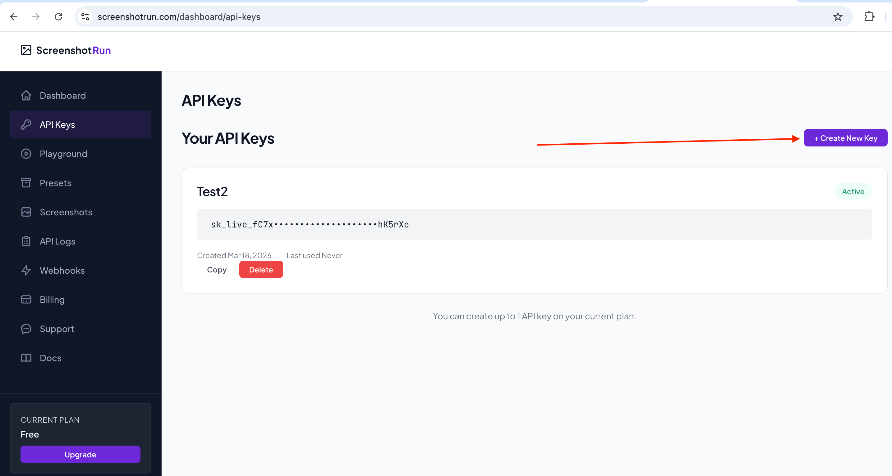 The API Keys page in the screenshotrun dashboard &mdash; the Create New Key button and a masked key