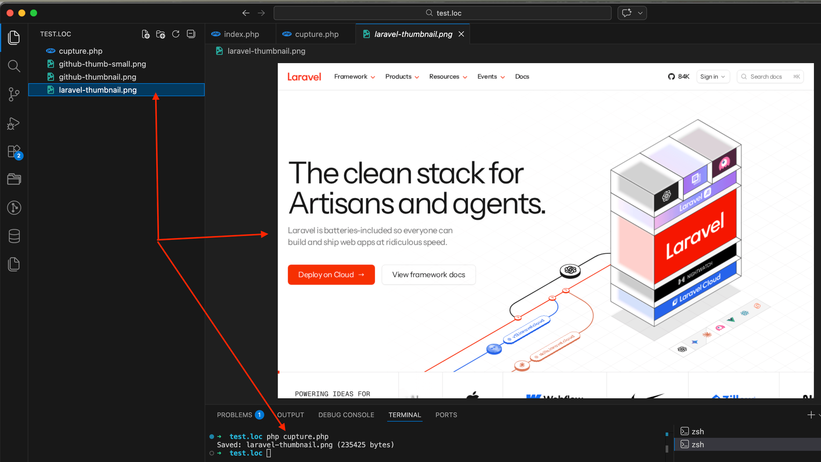 Result of running php capture.php: terminal showing the Saved output, VS Code file panel with laravel-thumbnail.png, and the Laravel homepage screenshot open on the right
