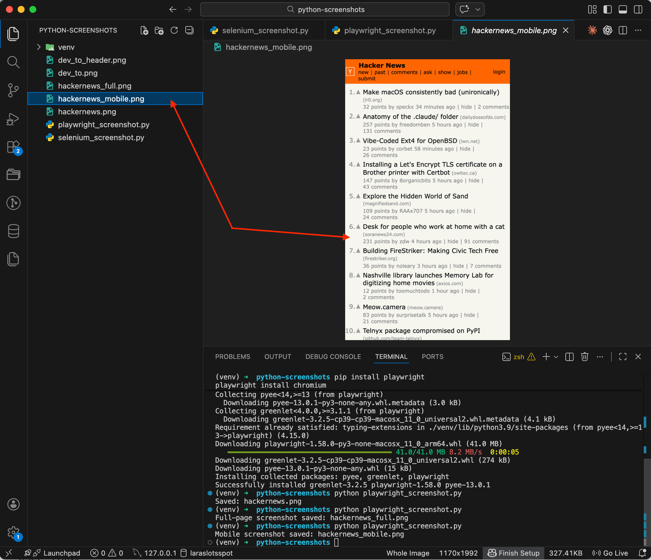 Playwright mobile screenshot — Hacker News rendered as iPhone 14 viewport