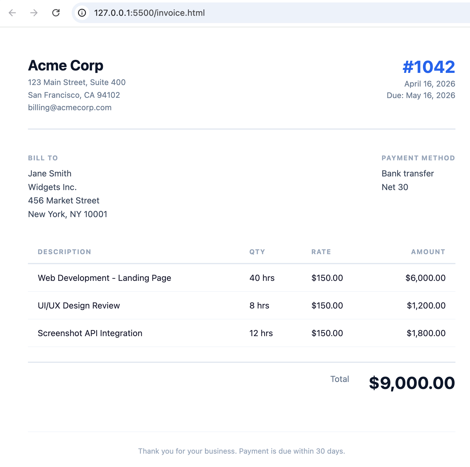 The base HTML invoice template opened in a browser &mdash; pure CSS, no frameworks