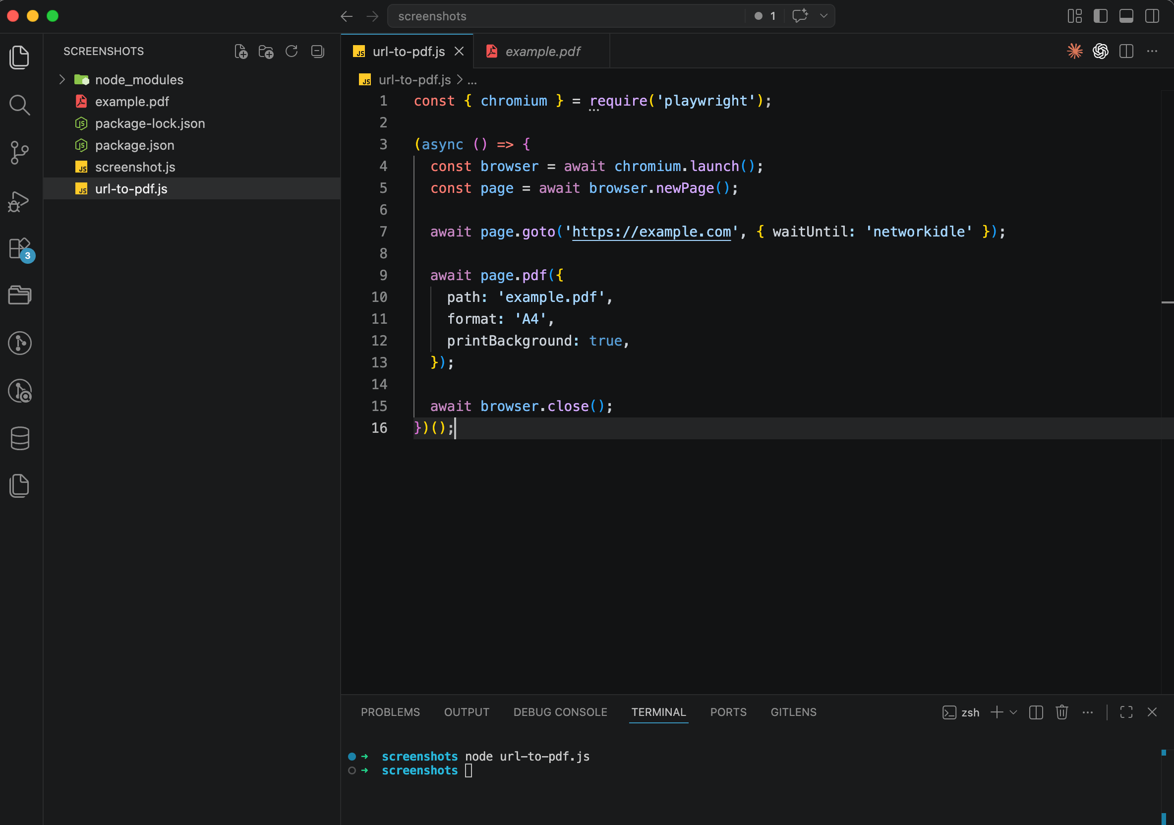 Playwright script for converting a URL to PDF with page.pdf(), VS Code editor showing the code and terminal with the command output