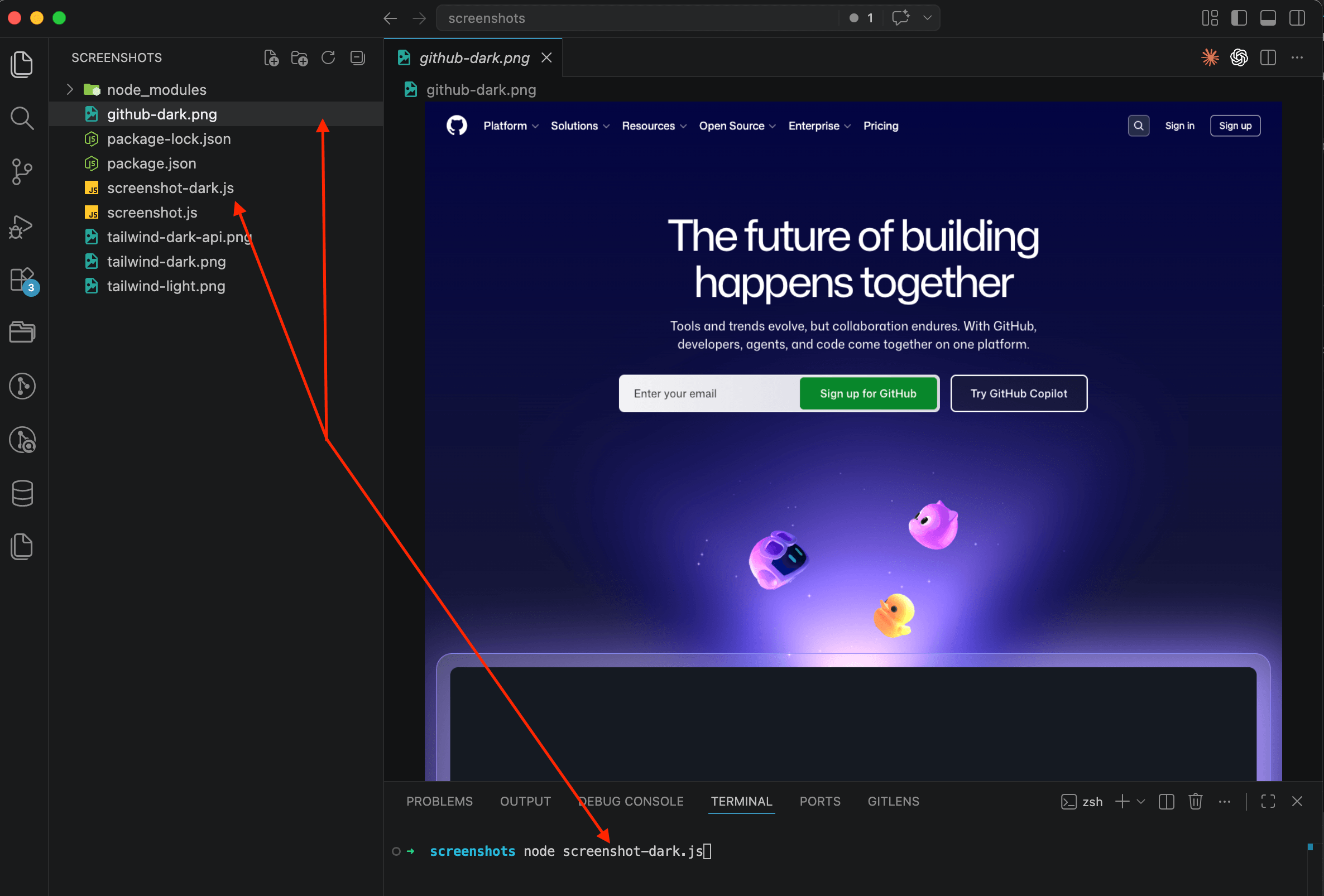 GitHub homepage captured in dark mode with Puppeteer, dark theme applied correctly after setting emulateMediaFeatures before navigation