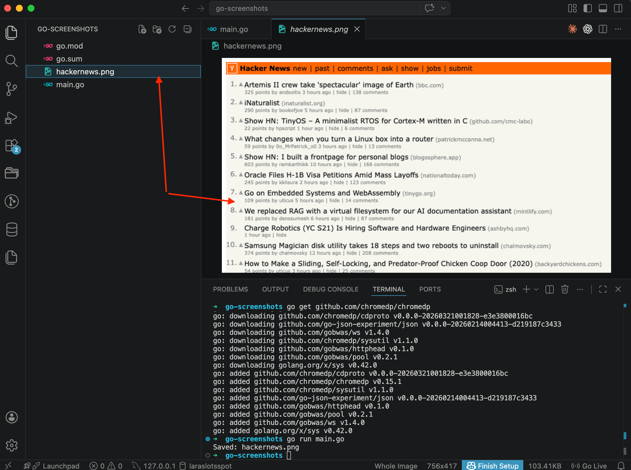 Screenshot of Hacker News at default chromedp viewport, showing posts 1-11