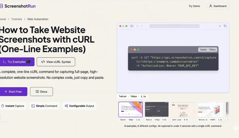 How to take website screenshots with cURL (one-line examples)