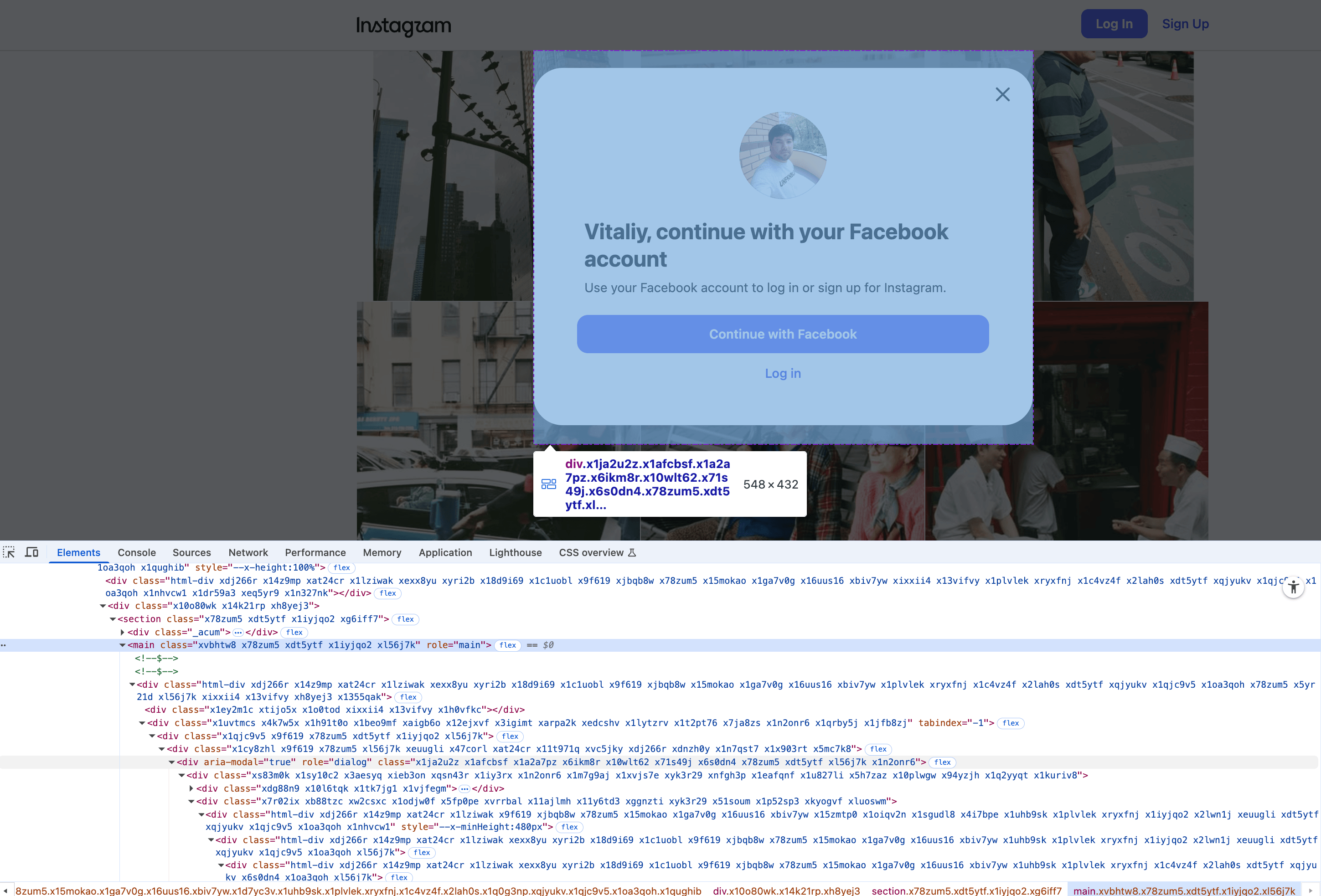 Instagram popup DOM structure in Chrome DevTools showing role=dialog and aria-modal=true attributes