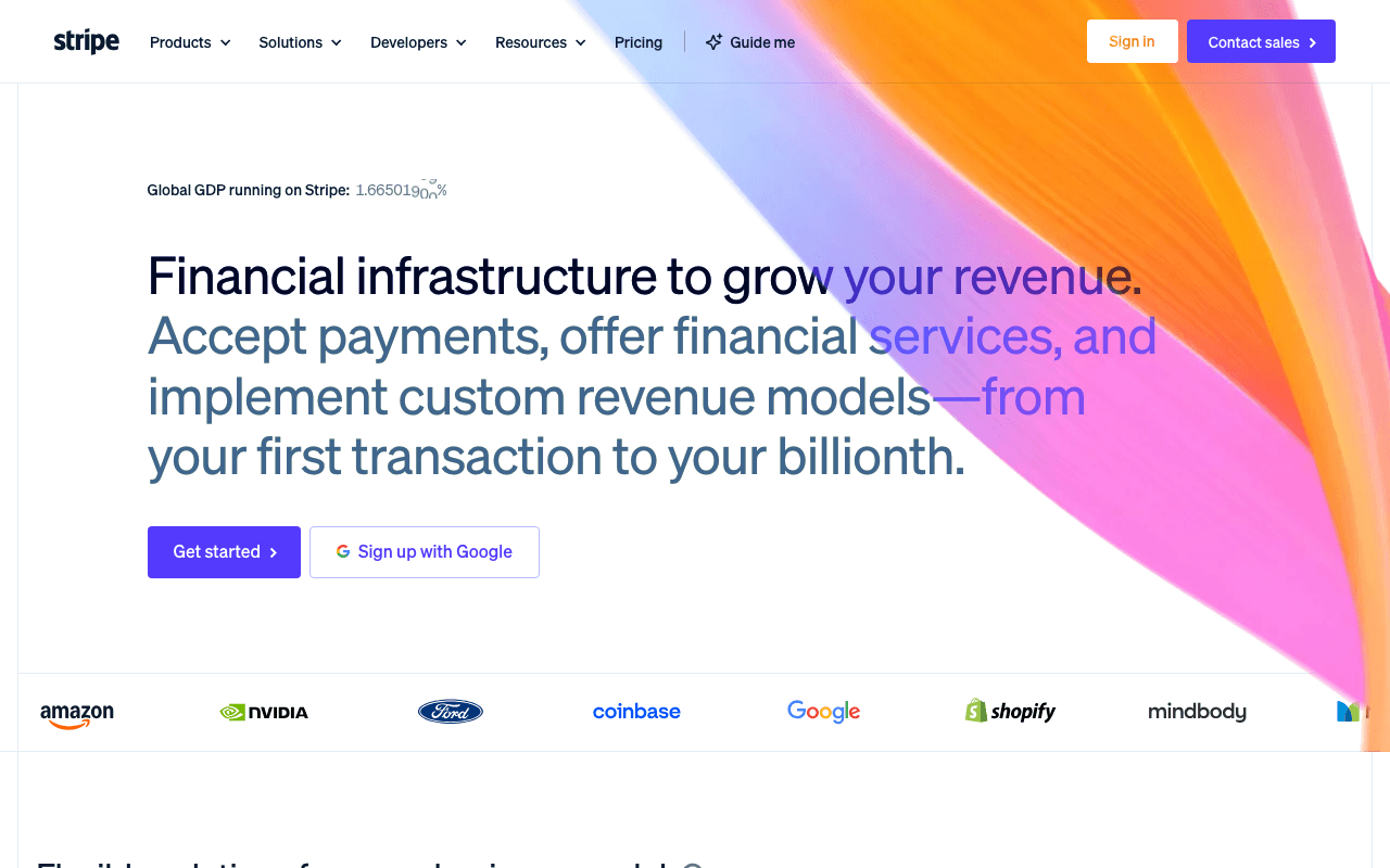 Stripe.com at 1280px desktop viewport — full navigation and horizontal layout