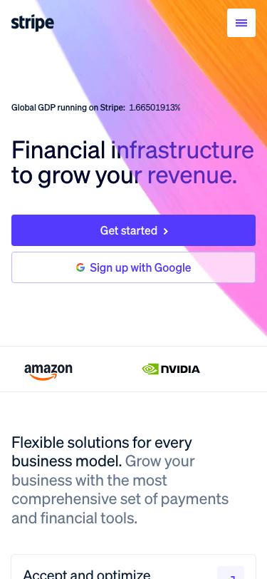 Stripe.com at 375px mobile viewport — single column layout with full-width buttons