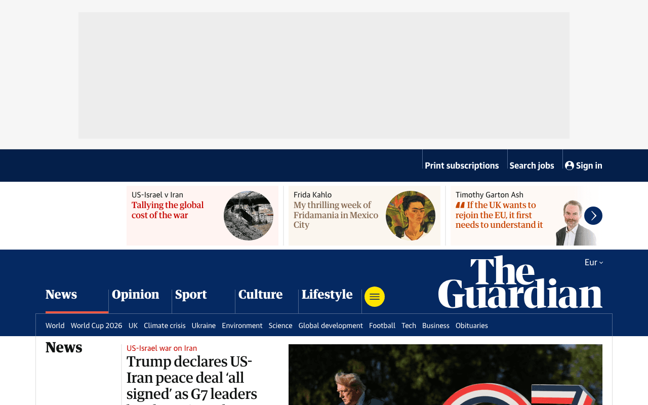 Screenshot of The Guardian homepage without cookie banner, showing full content after block_cookies removed the consent wall