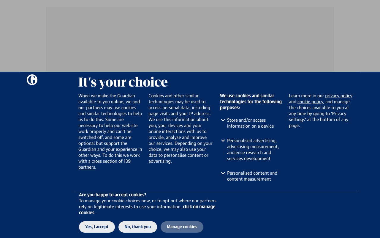 Screenshot of The Guardian with a full-screen cookie consent wall covering all page content