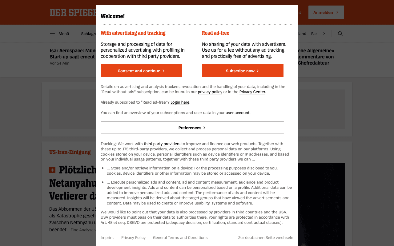 Screenshot of Der Spiegel with a GDPR consent overlay covering the page content