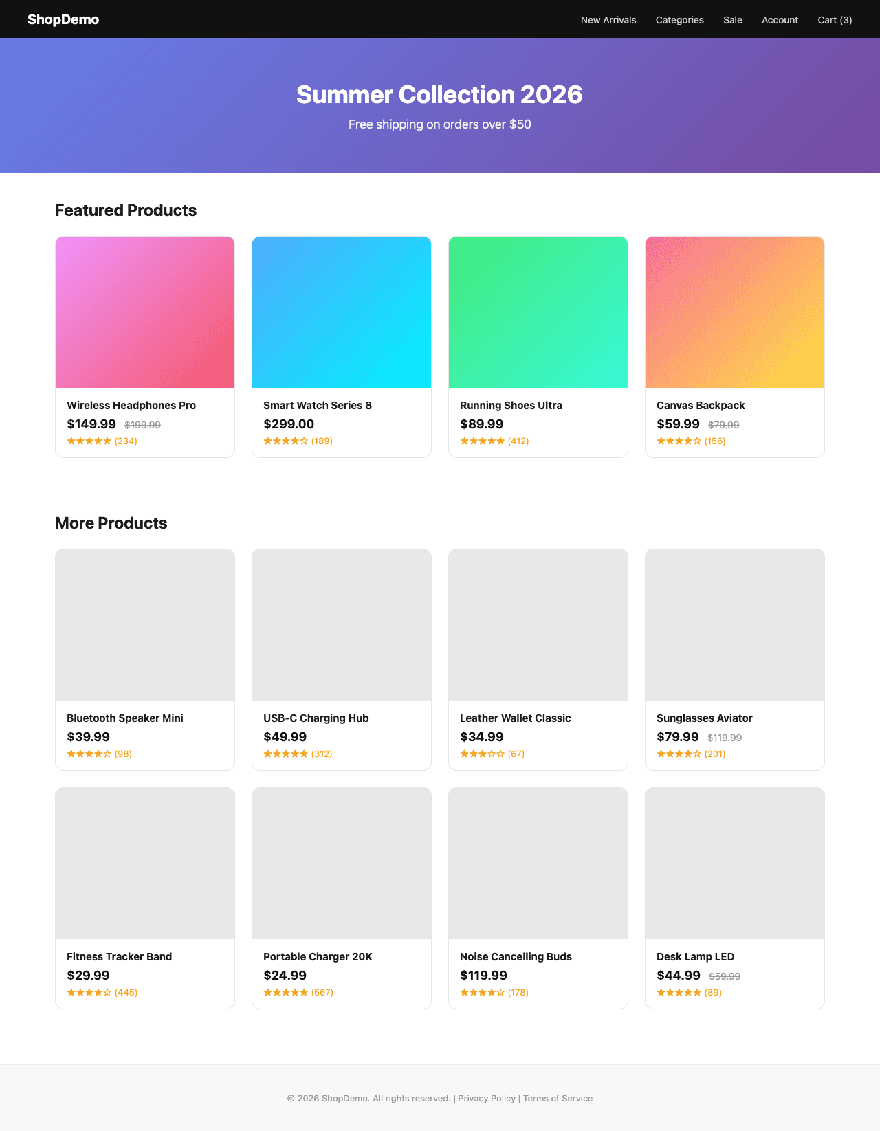 Full-page screenshot showing gray placeholder boxes where product images should appear below the fold