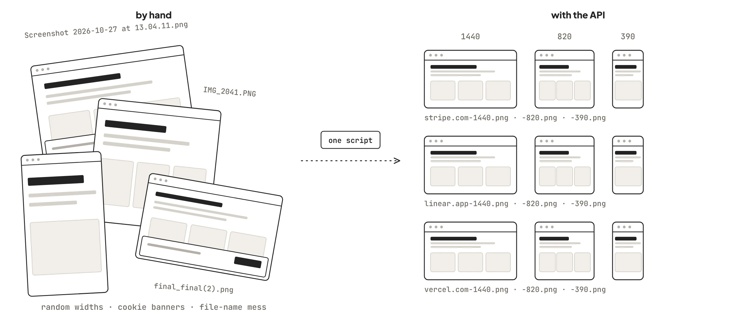 Manual screenshot collection versus API batch capture: scattered files with random names on the left, organized grid of consistent screenshots on the right