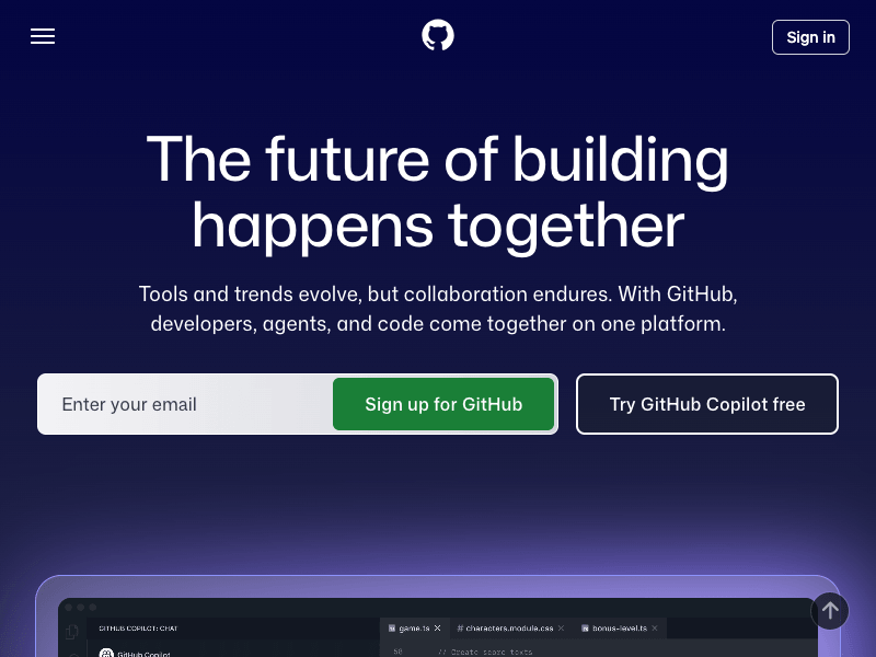 Puppeteer screenshot of GitHub.com at default 800x600 viewport, noticeably narrower than Playwright output