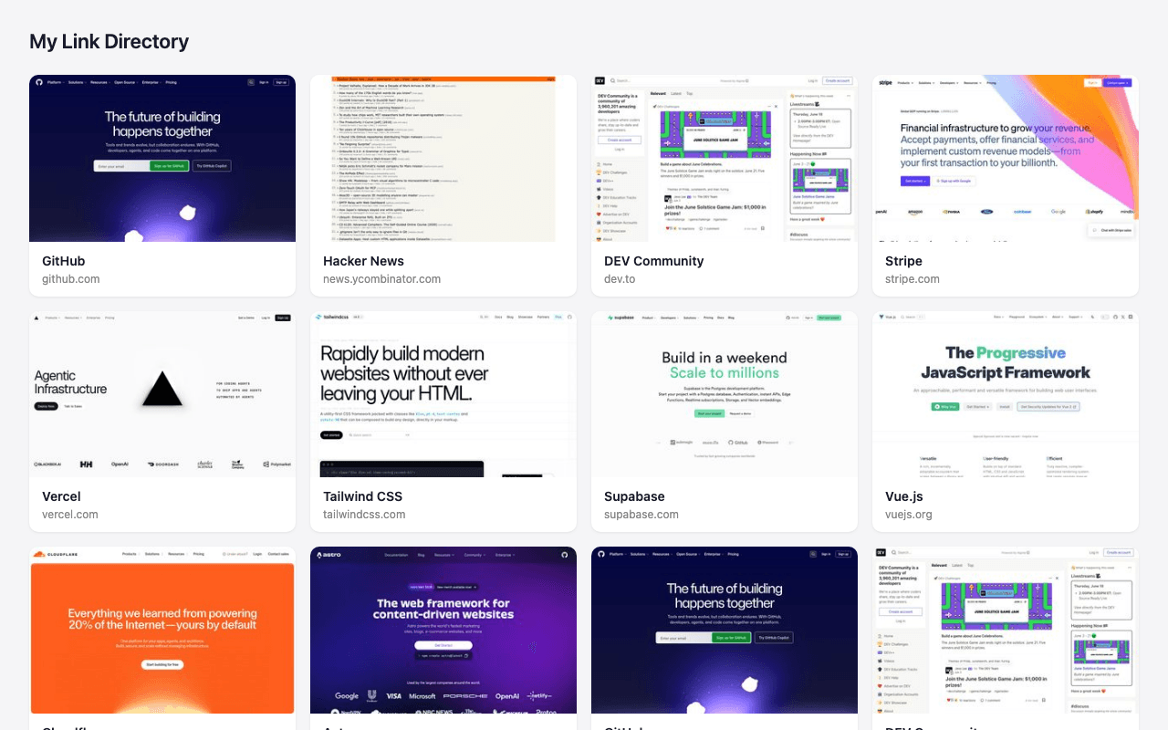A link directory showing clean thumbnail previews generated via the screenshot API