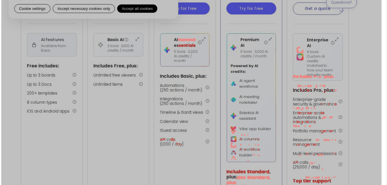 A pricing page with a cookie consent banner covering the top of the screen, causing false positives in visual regression tests