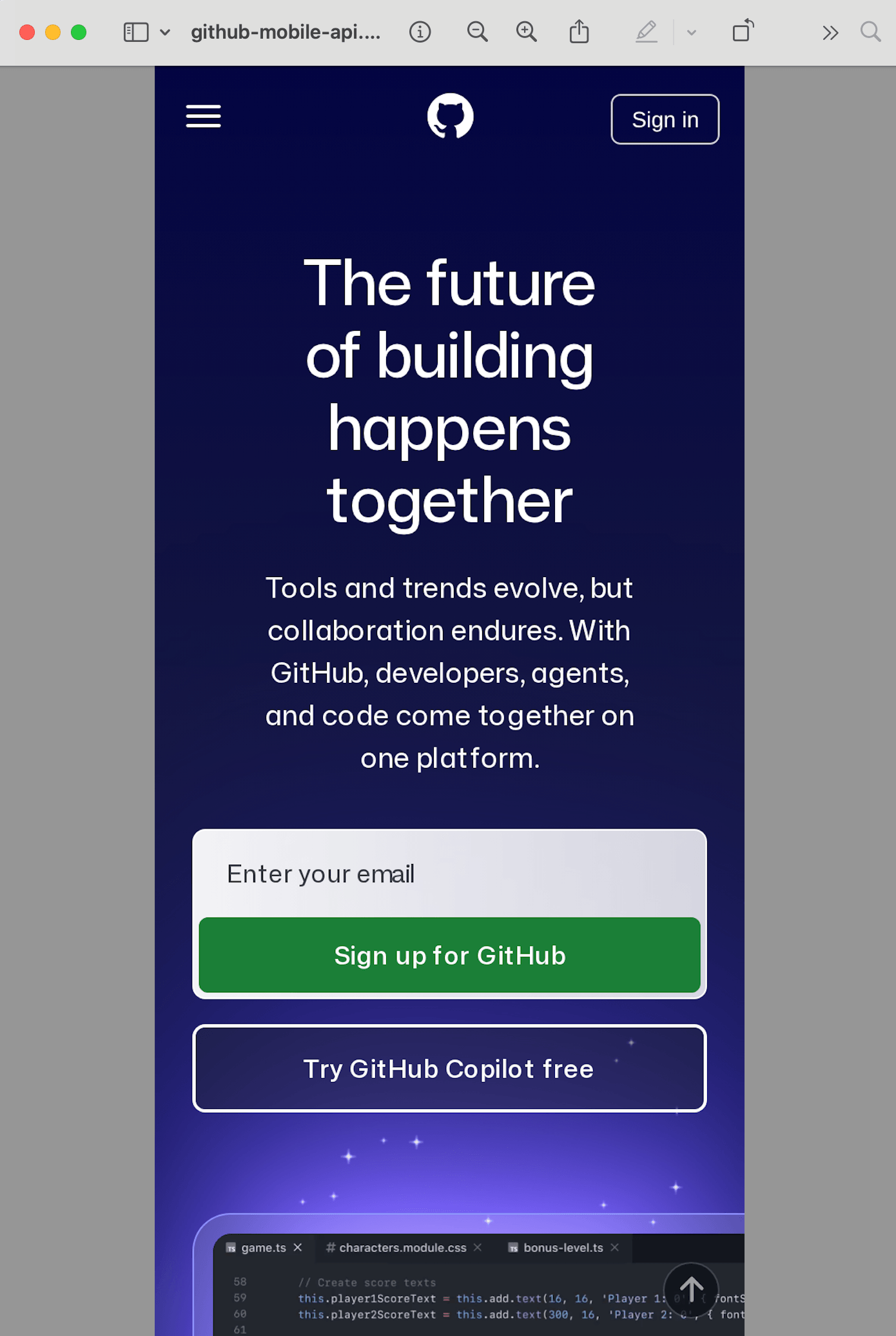 Mobile screenshot of GitHub.com captured via Screenshotrun API, showing mobile layout in macOS Preview