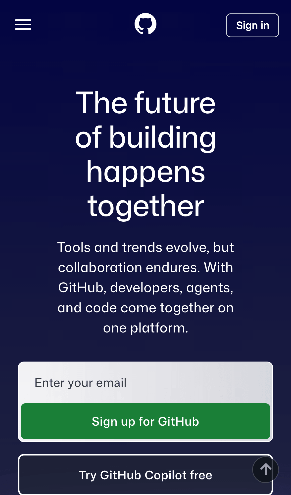 Mobile screenshot of GitHub.com showing hamburger menu, mobile layout, and touch-friendly spacing