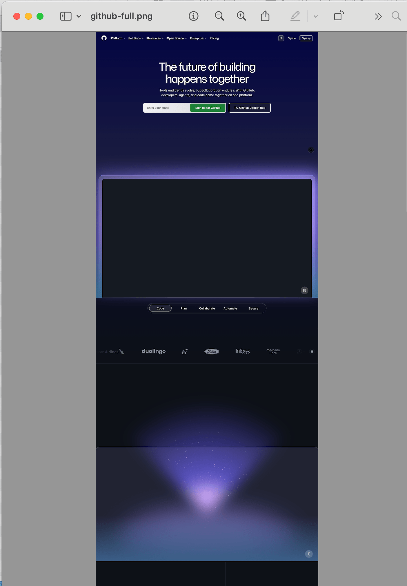 Full-page screenshot of GitHub.com showing the entire page from header to footer in macOS Preview