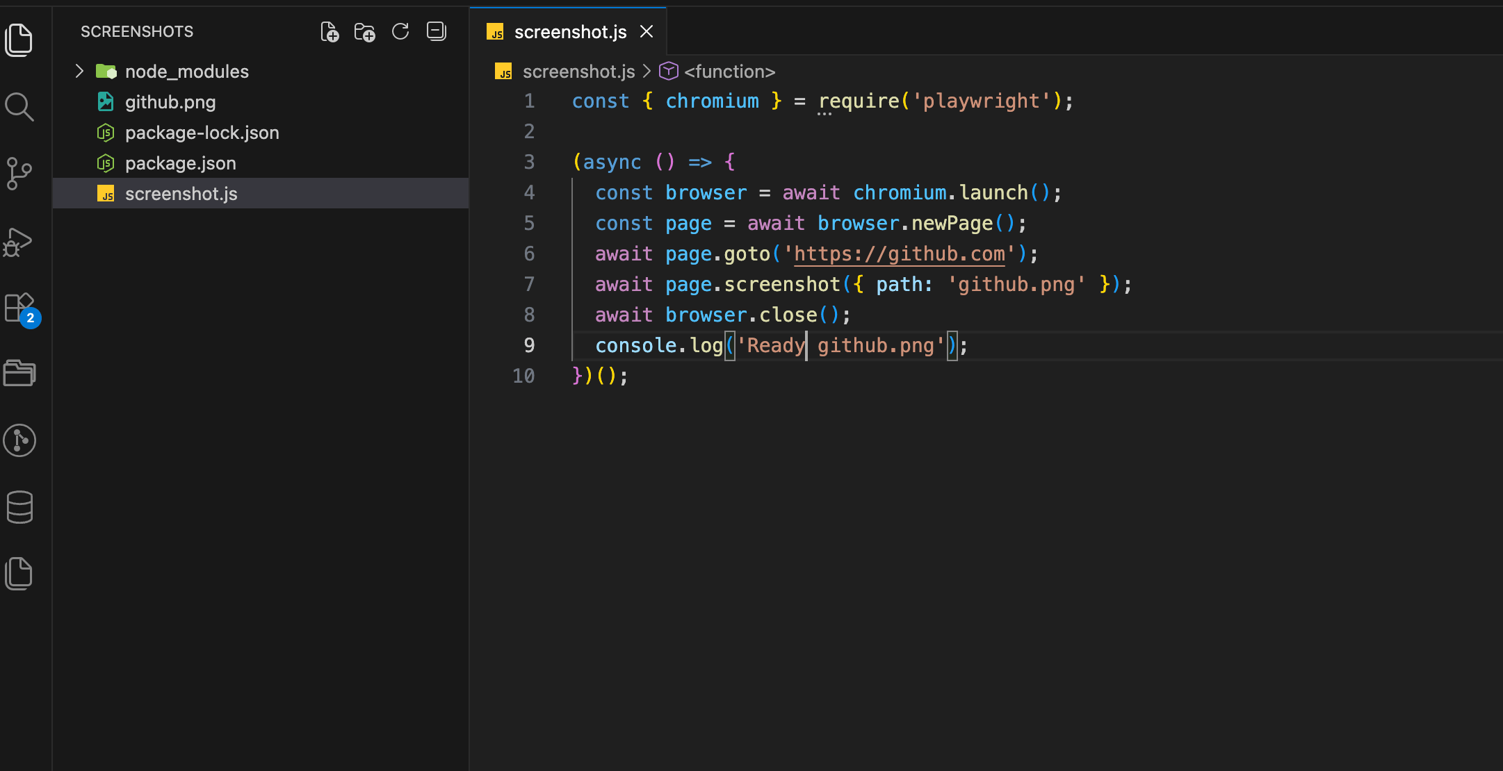 VS Code showing screenshot.js file with Playwright code, github.png visible in the file explorer
